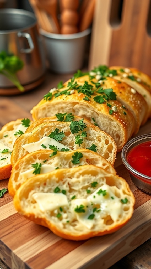 Garlic Bread with a Twist Sliced garlic bread topped with garlic and parsley on a cutting board with marinara sauce.